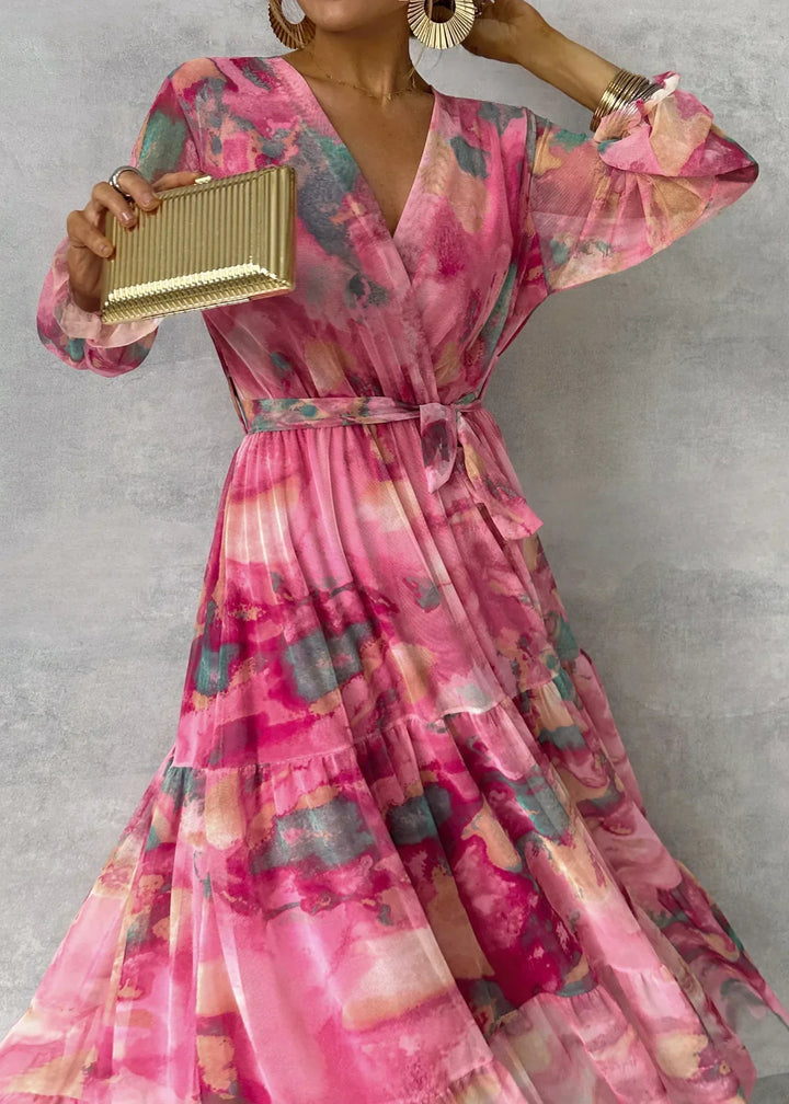 Damen Fließendes, plissiertes Maxikleid mit Gürtel und Blumenmuster
