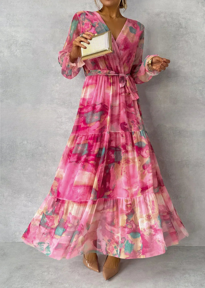 Damen Fließendes, plissiertes Maxikleid mit Gürtel und Blumenmuster