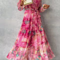 Damen Fließendes, plissiertes Maxikleid mit Gürtel und Blumenmuster