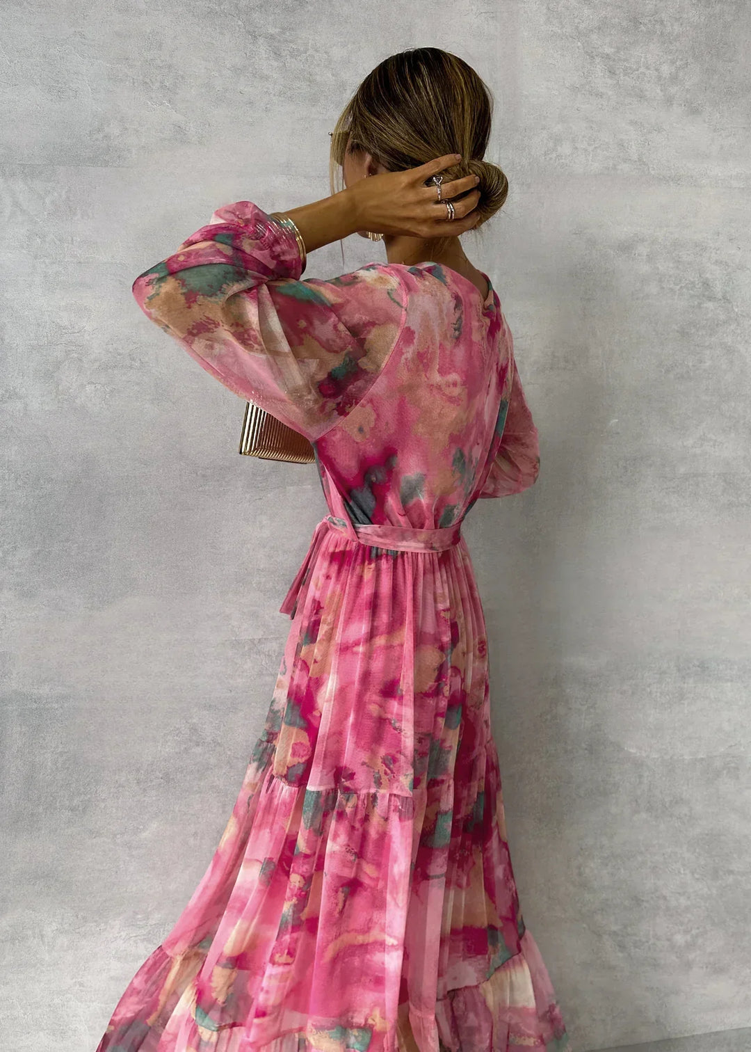 Damen Fließendes, plissiertes Maxikleid mit Gürtel und Blumenmuster