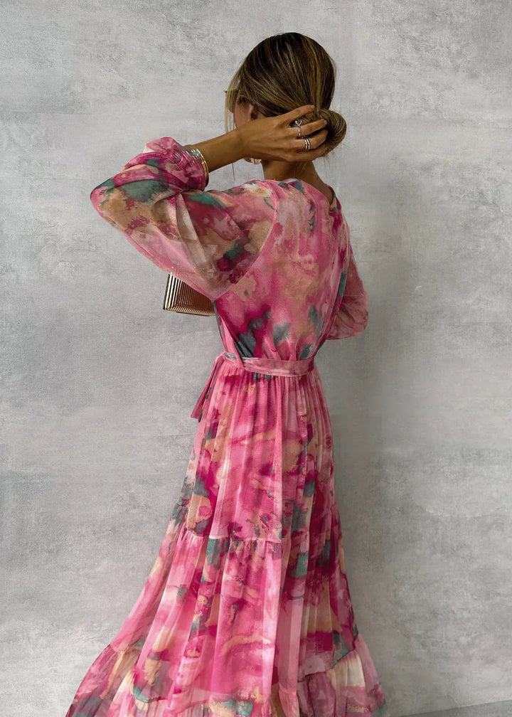 Damen Fließendes, plissiertes Maxikleid mit Gürtel und Blumenmuster