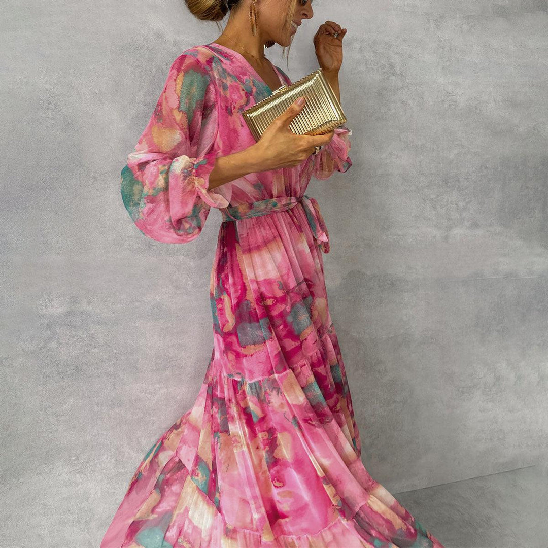 Damen Fließendes, plissiertes Maxikleid mit Gürtel und Blumenmuster