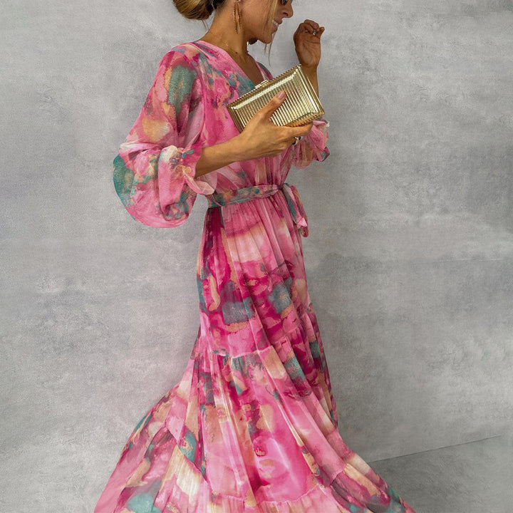 Damen Fließendes, plissiertes Maxikleid mit Gürtel und Blumenmuster