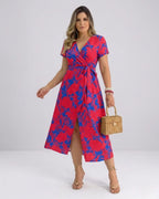 Damen Wickelkleid mit Blumenprint – V-Ausschnitt Midikleid mit Schlitz & Bindegürtel