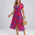 Damen Wickelkleid mit Blumenprint – V-Ausschnitt Midikleid mit Schlitz & Bindegürtel