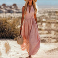 Damen Boho Neckholder Maxi Leinen-Kleid