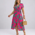 Damen Wickelkleid mit Blumenprint – V-Ausschnitt Midikleid mit Schlitz & Bindegürtel
