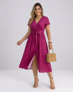 Damen Punkte Wickelkleid – Retro Midi Sommerkleid mit V-Ausschnitt & Schlitz