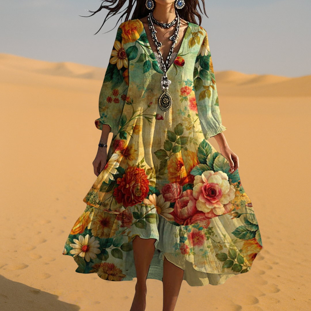 Damen Vintage Boho V-Ausschnitt Sommerkleid