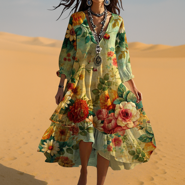 Damen Vintage Boho V-Ausschnitt Sommerkleid