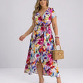 Damen Wickelkleid mit Blumenprint – V-Ausschnitt Midikleid mit Schlitz & Bindegürtel
