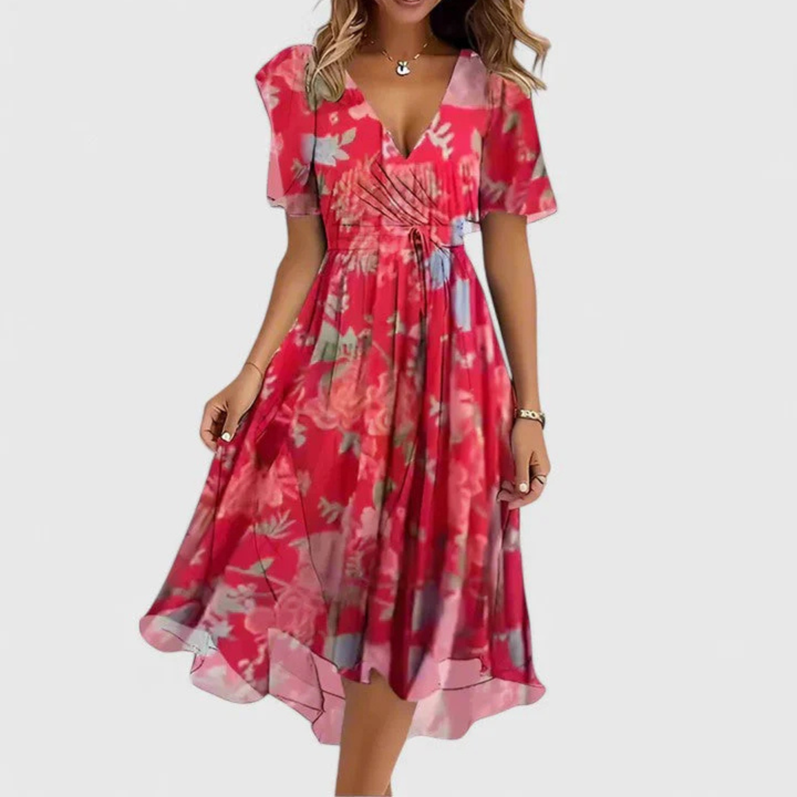 Damen Blumen V-Ausschnitt Midi Kleid