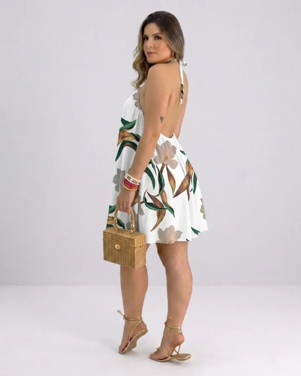 Damen Neckholder Hängerkleid – Tropisches Minikleid mit Blumendruck | Strandkleid