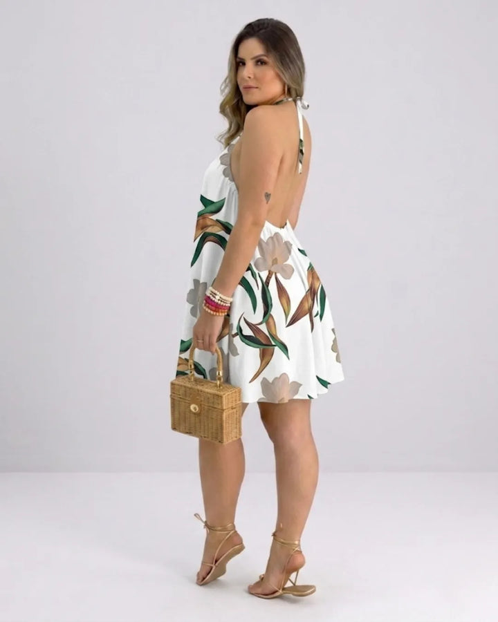 Damen Neckholder Hängerkleid – Tropisches Minikleid mit Blumendruck | Strandkleid
