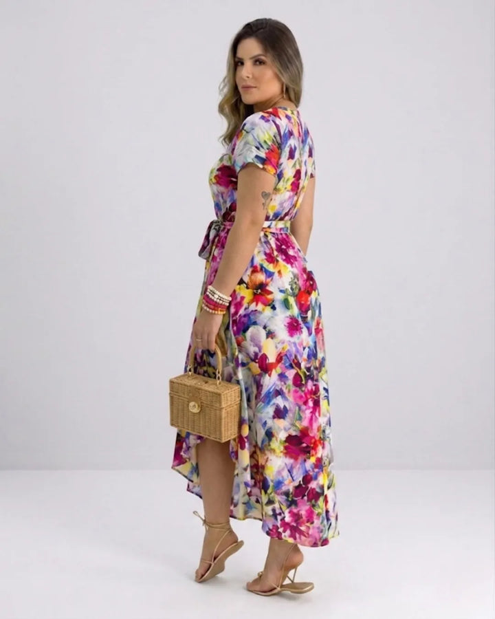 Damen Wickelkleid mit Blumenprint – V-Ausschnitt Midikleid mit Schlitz & Bindegürtel