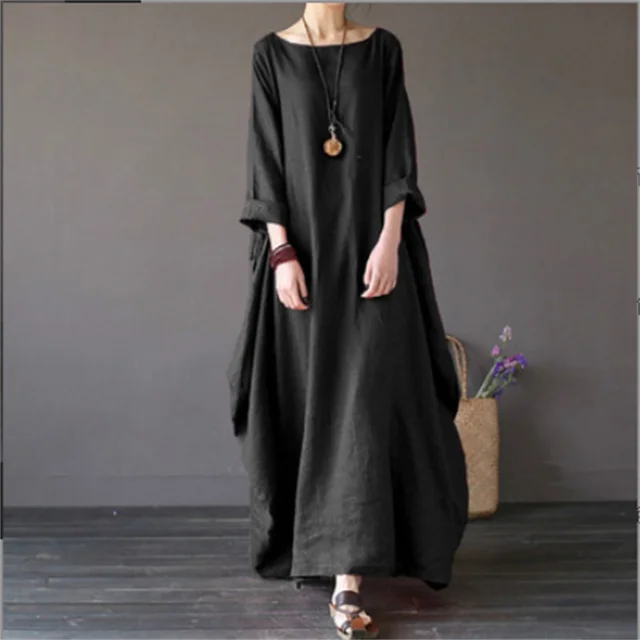 Damen Maxi-Kleid Oversized | Baumwolle & Leinen — Bohemian, Sommer, Seitentaschen