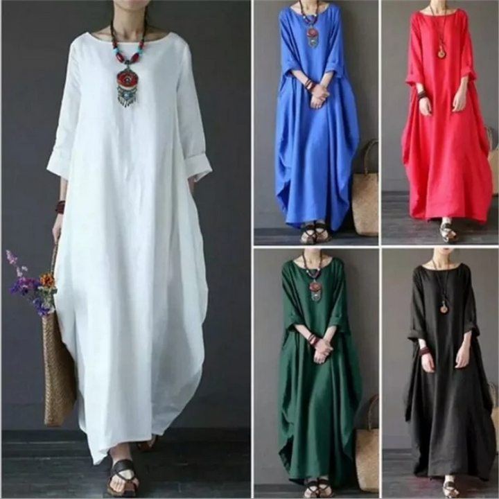 Damen Maxi-Kleid Oversized | Baumwolle & Leinen — Bohemian, Sommer, Seitentaschen