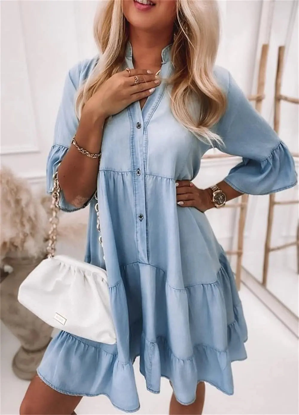 Damen Jeanskleid | Lässig & Sommerlich — Denim Mini, A-Linie, Rüschen, Knöpfe