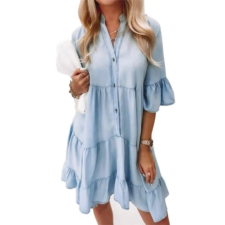 Damen Jeanskleid | Lässig & Sommerlich — Denim Mini, A-Linie, Rüschen, Knöpfe