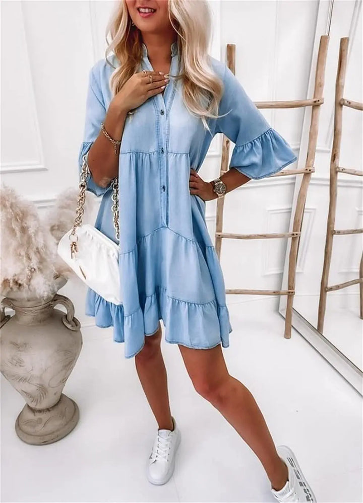 Damen Jeanskleid | Lässig & Sommerlich — Denim Mini, A-Linie, Rüschen, Knöpfe