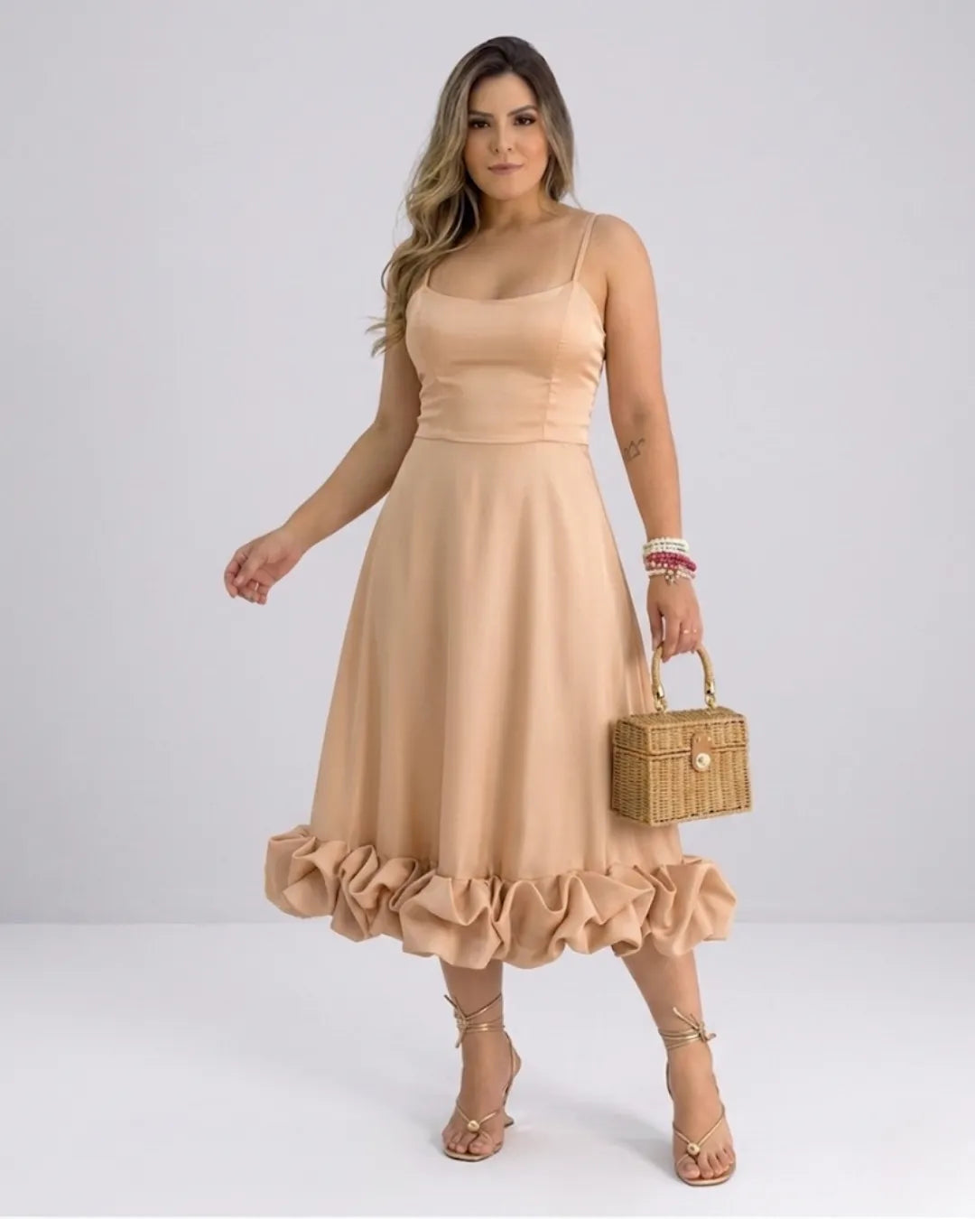 Damen Elegantes A-Linie Kleid – Spaghettiträger Midikleid mit Volantrock | Party & Hochzeit
