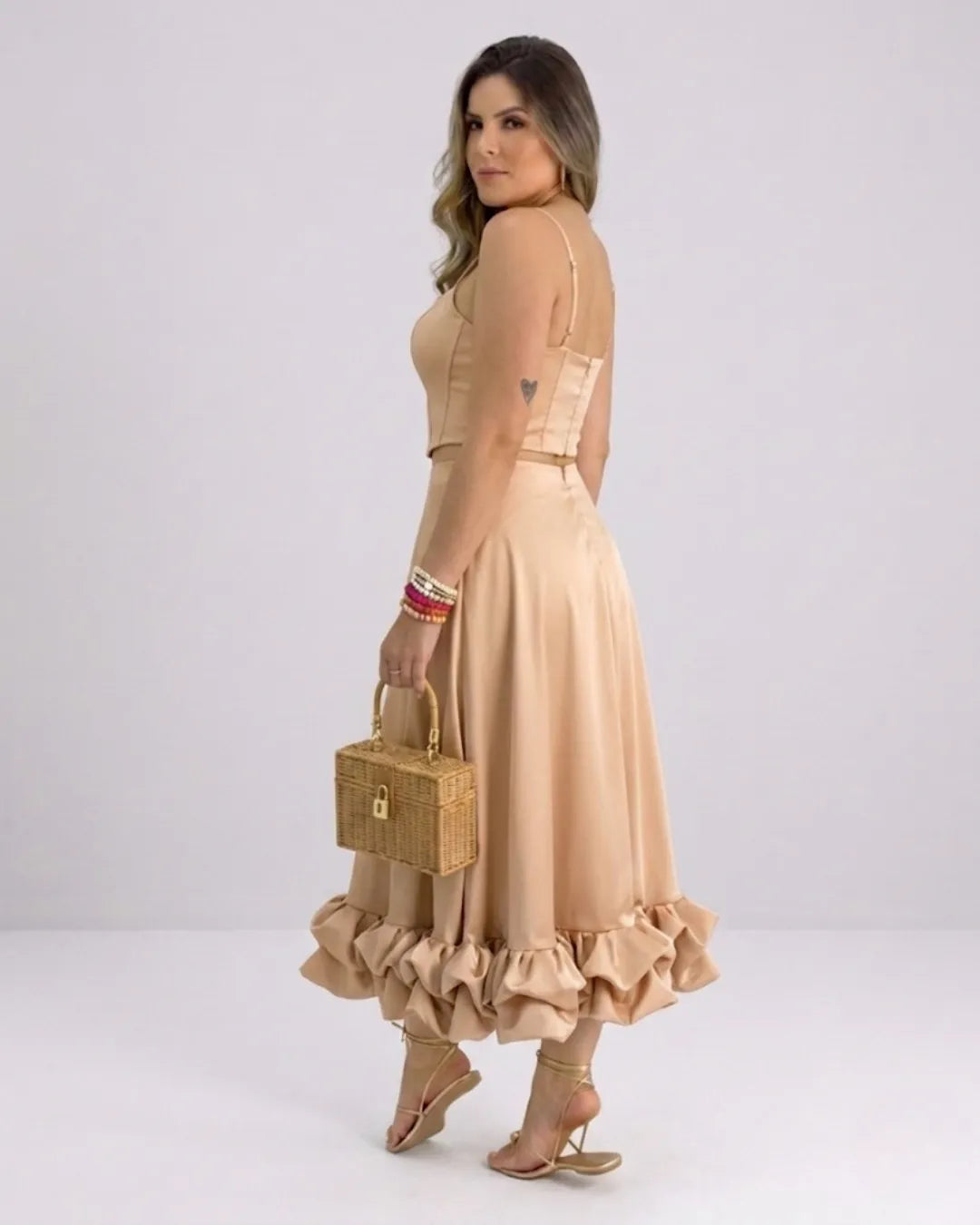 Damen Elegantes A-Linie Kleid – Spaghettiträger Midikleid mit Volantrock | Party & Hochzeit