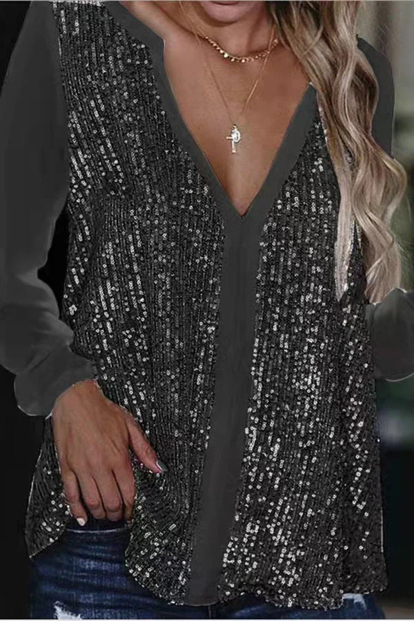 Lange Ärmel Pailletten V-Ausschnitt Bluse