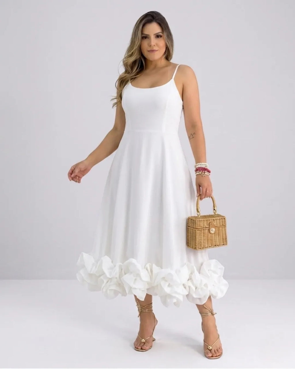 Damen Elegantes A-Linie Kleid – Spaghettiträger Midikleid mit Volantrock | Party & Hochzeit