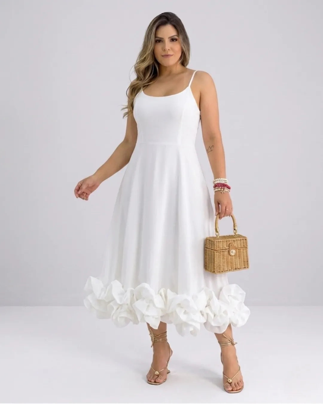 Damen Elegantes A-Linie Kleid – Spaghettiträger Midikleid mit Volantrock | Party & Hochzeit