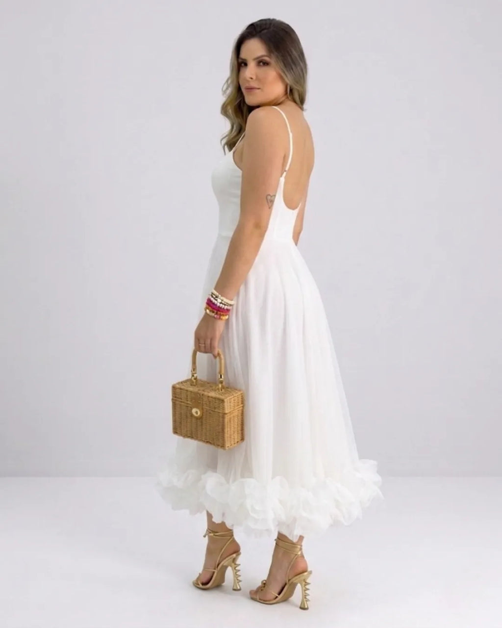 Damen Elegantes A-Linie Kleid – Spaghettiträger Midikleid mit Volantrock | Party & Hochzeit