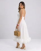 Damen Elegantes A-Linie Kleid – Spaghettiträger Midikleid mit Volantrock | Party & Hochzeit