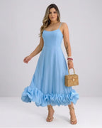 Damen Elegantes A-Linie Kleid – Spaghettiträger Midikleid mit Volantrock | Party & Hochzeit