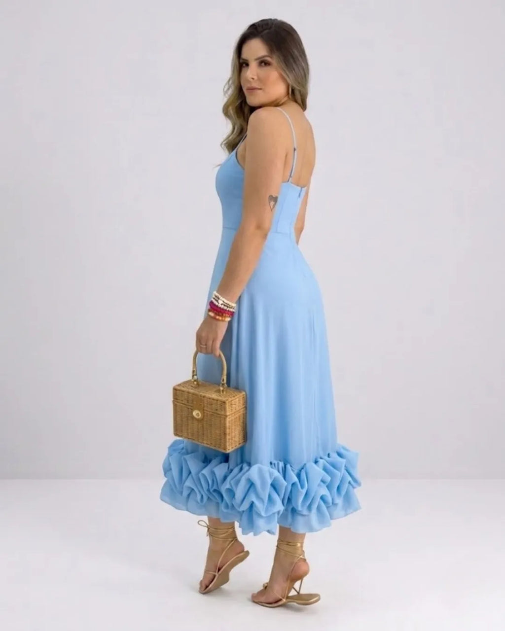 Damen Elegantes A-Linie Kleid – Spaghettiträger Midikleid mit Volantrock | Party & Hochzeit