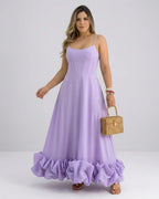Damen Elegantes A-Linie Kleid – Spaghettiträger Midikleid mit Volantrock | Party & Hochzeit