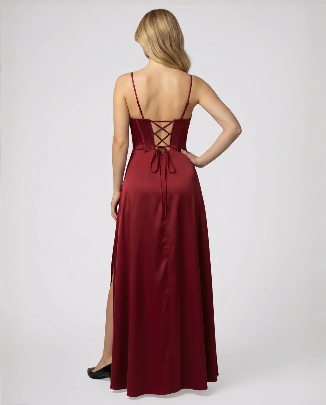 Elegantes Seiden Maxikleid Damen – Abendkleid bodenlang Spaghettiträger Schlitz festlich