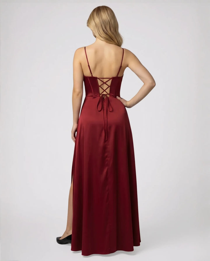 Elegantes Seiden Maxikleid Damen – Abendkleid bodenlang Spaghettiträger Schlitz festlich