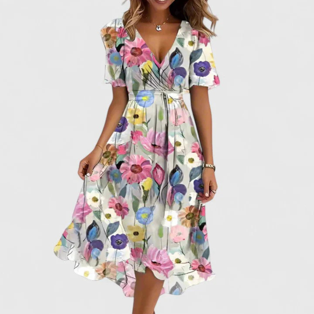 Damen Blumen V-Ausschnitt Midi Kleid
