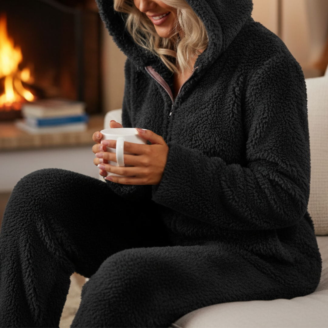 Pyjama Damen Einteiler Fleece mit Reißverschluss