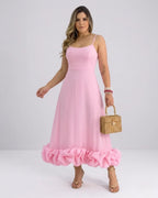 Damen Elegantes A-Linie Kleid – Spaghettiträger Midikleid mit Volantrock | Party & Hochzeit