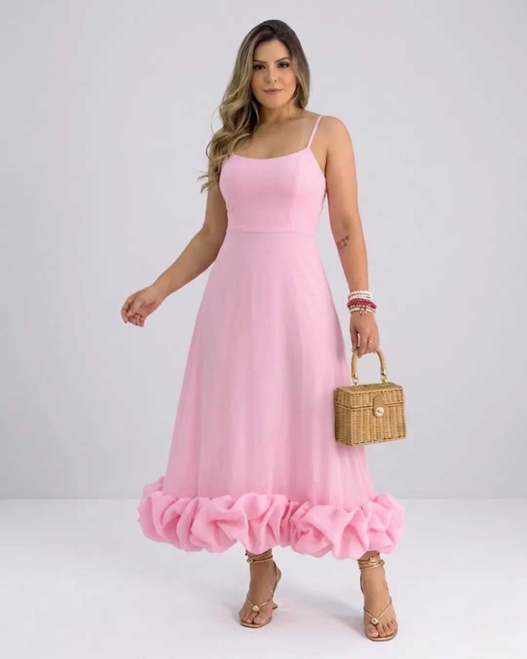 Damen Elegantes A-Linie Kleid – Spaghettiträger Midikleid mit Volantrock | Party & Hochzeit