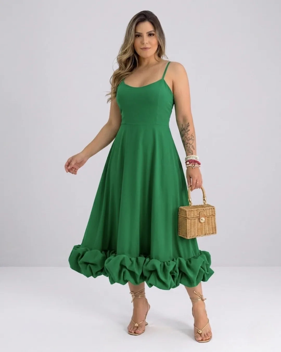 Damen Elegantes A-Linie Kleid – Spaghettiträger Midikleid mit Volantrock | Party & Hochzeit