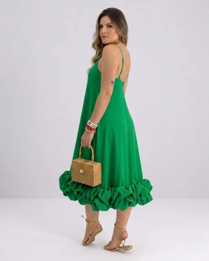 Damen Elegantes A-Linie Kleid – Spaghettiträger Midikleid mit Volantrock | Party & Hochzeit
