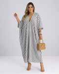 Damen Kaftan Maxikleid – Luftiges Streifenkleid mit tiefem V-Ausschnitt & Fledermausärmeln