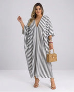 Damen Kaftan Maxikleid – Luftiges Streifenkleid mit tiefem V-Ausschnitt & Fledermausärmeln