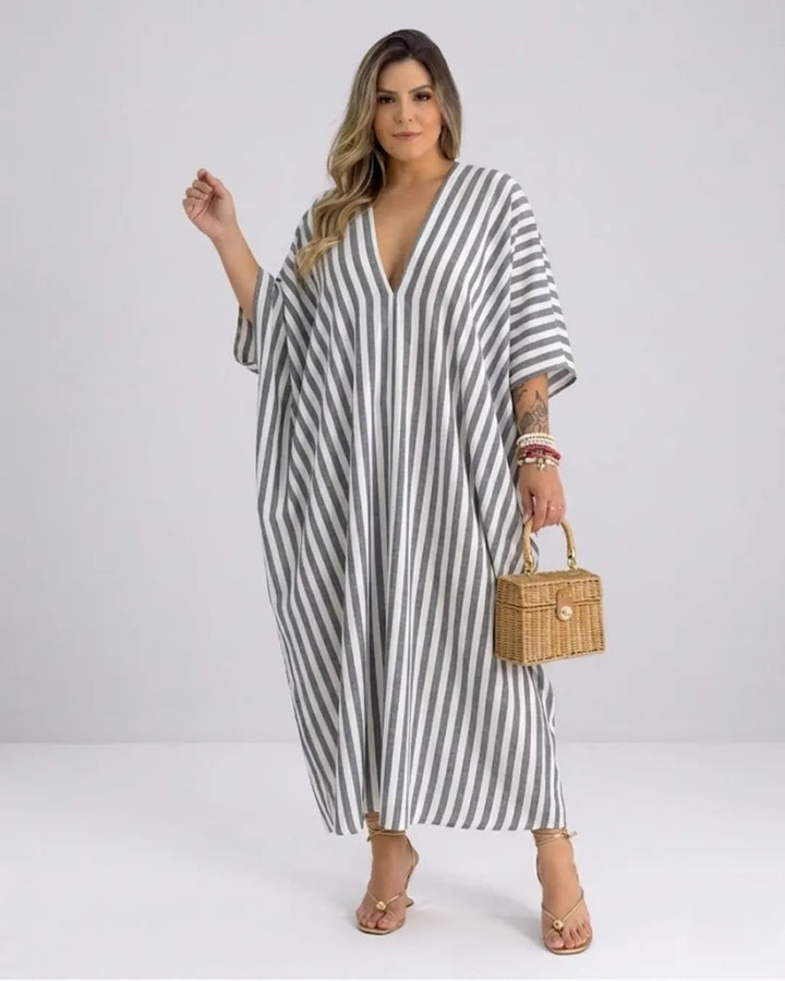 Damen Kaftan Maxikleid – Luftiges Streifenkleid mit tiefem V-Ausschnitt & Fledermausärmeln