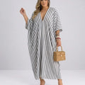 Damen Kaftan Maxikleid – Luftiges Streifenkleid mit tiefem V-Ausschnitt & Fledermausärmeln