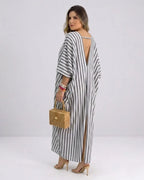 Damen Kaftan Maxikleid – Luftiges Streifenkleid mit tiefem V-Ausschnitt & Fledermausärmeln