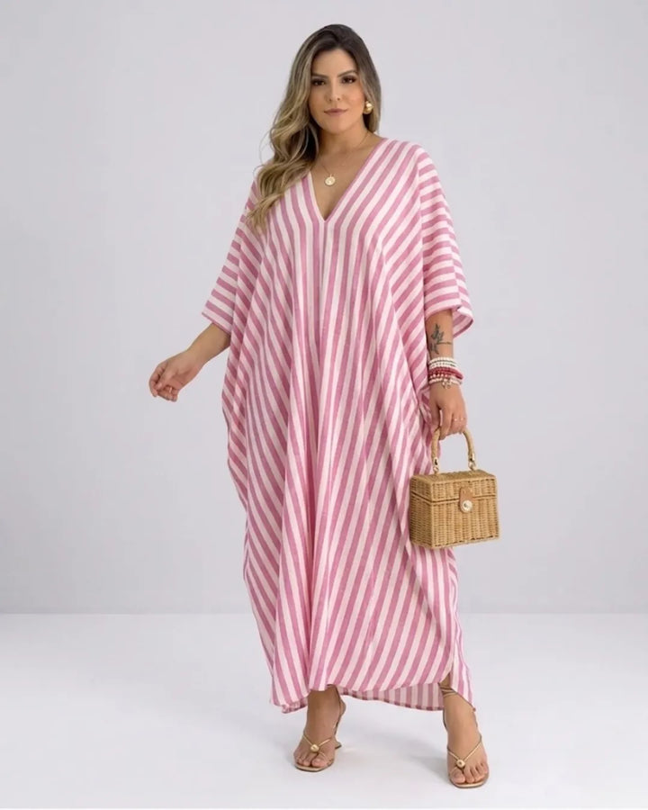 Damen Kaftan Maxikleid – Luftiges Streifenkleid mit tiefem V-Ausschnitt & Fledermausärmeln