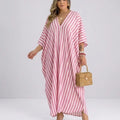 Damen Kaftan Maxikleid – Luftiges Streifenkleid mit tiefem V-Ausschnitt & Fledermausärmeln