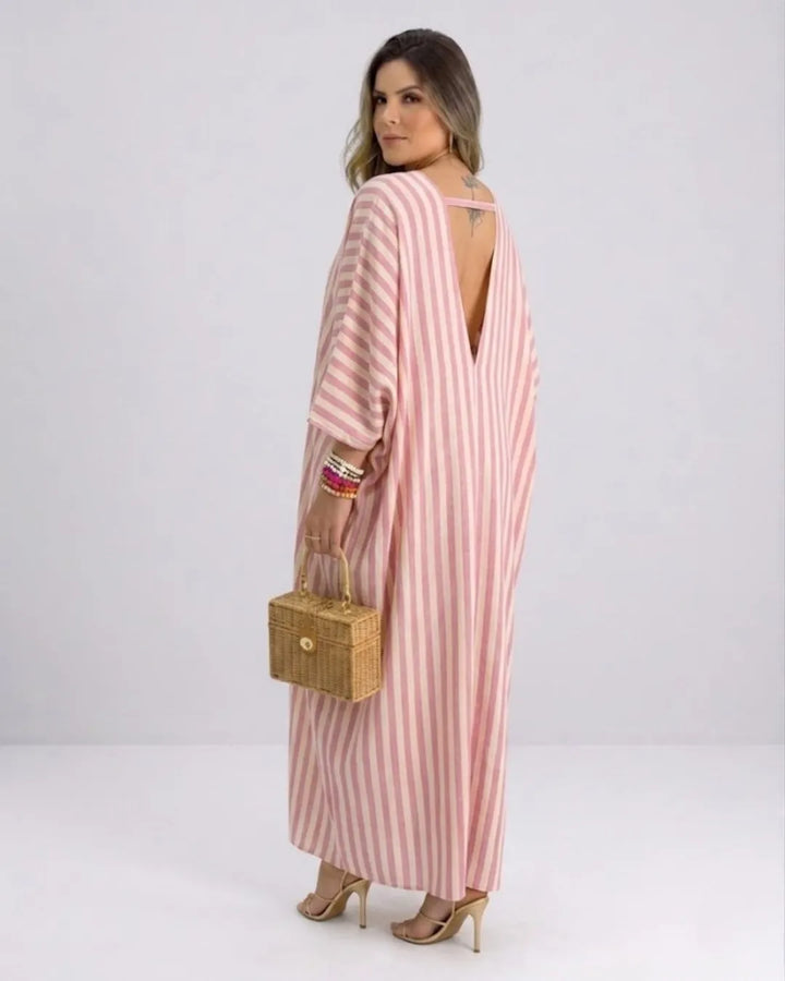 Damen Kaftan Maxikleid – Luftiges Streifenkleid mit tiefem V-Ausschnitt & Fledermausärmeln